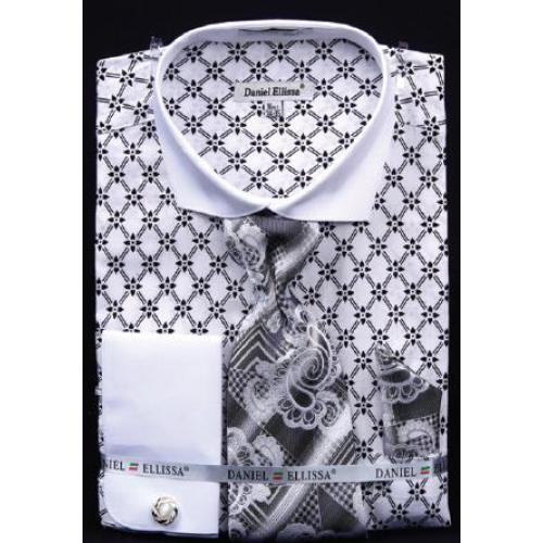 Fratello White / Black Diamond Weave Design 100% Cotton Shirt / Tie / Hanky Set With Free Cufflinks FRV4126P2.